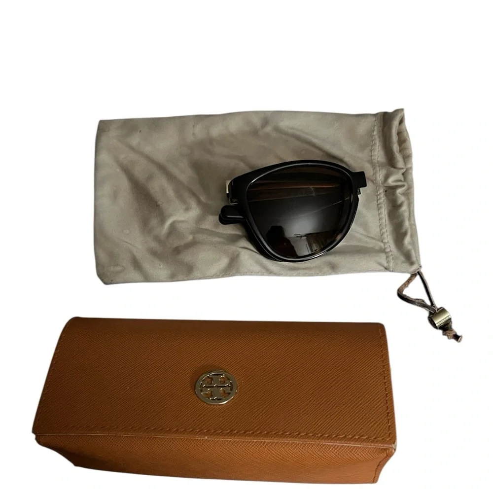 Tory Burch brown tortoise folding sunglasses with dark brown lens